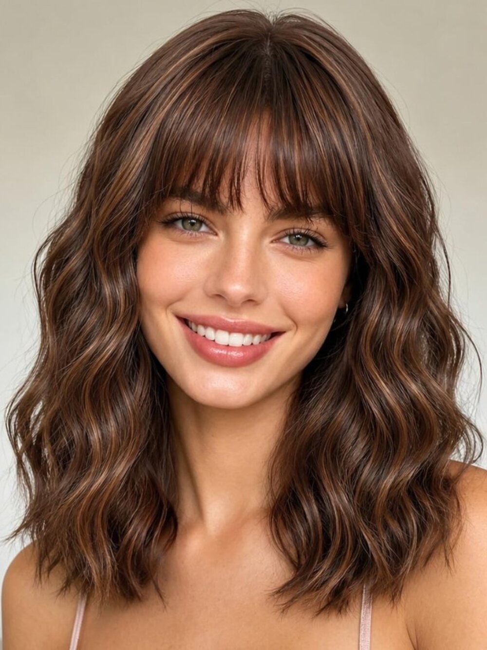Brown Highlights Blonde Wig with Bangs for Women,14 Inch Wavy Bob Hair